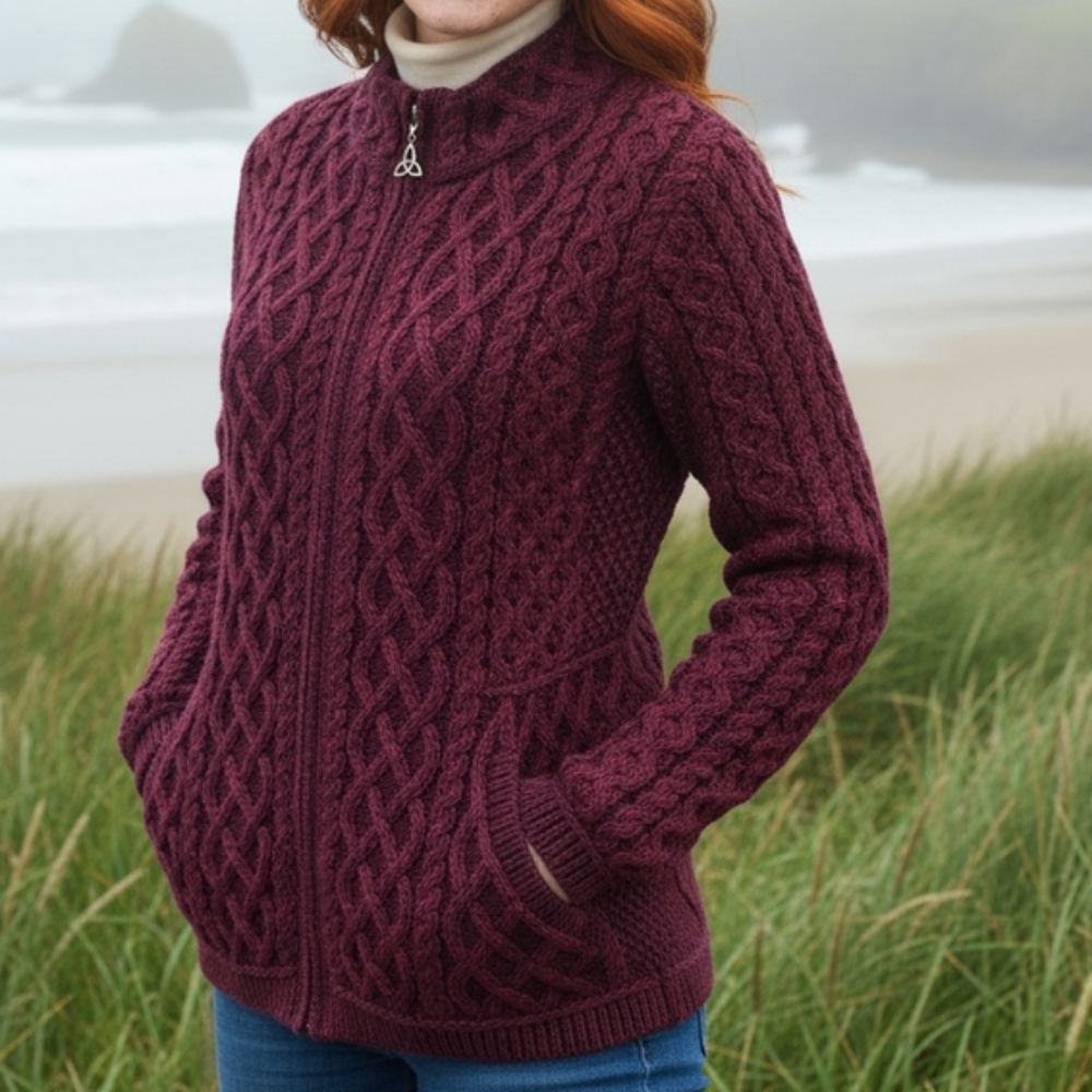 Aran Crafts Ireland Plated Zip Cardigan Burgundy Plum Merino Wool XL Cable Knit